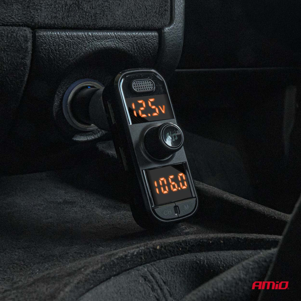 Car FM transmitter, 2×USB-A 1×USB-C microSD 12V 24V AMIO-04653