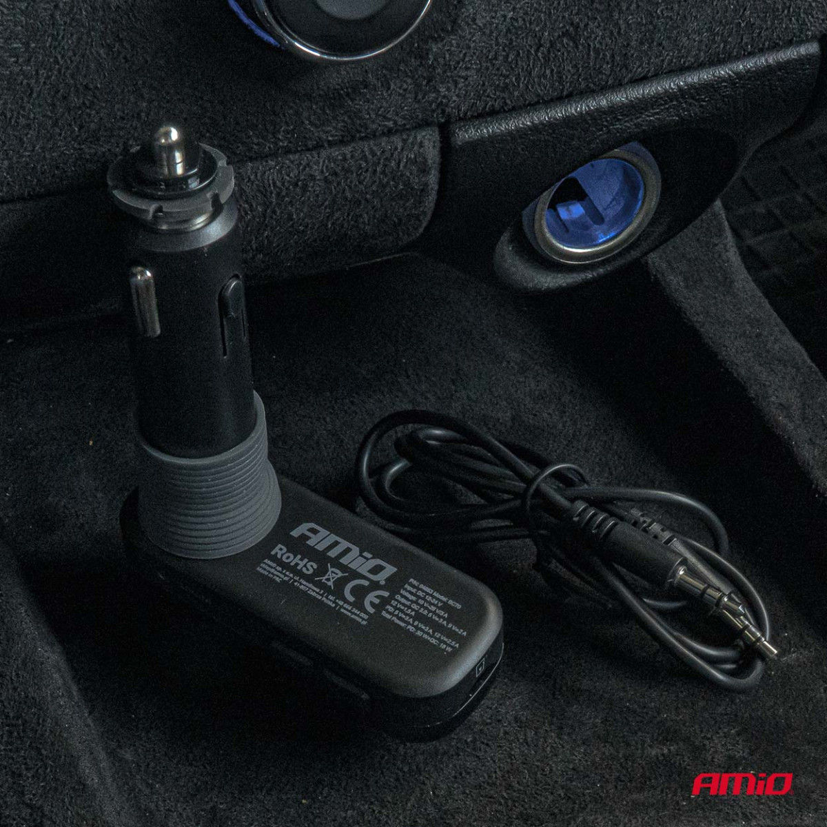 Car FM transmitter, 2×USB-A 1×USB-C microSD 12V 24V AMIO-04653