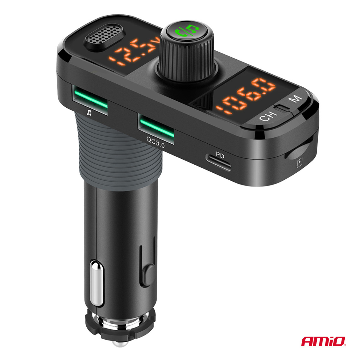 Car FM transmitter, 2×USB-A 1×USB-C microSD 12V 24V AMIO-04653