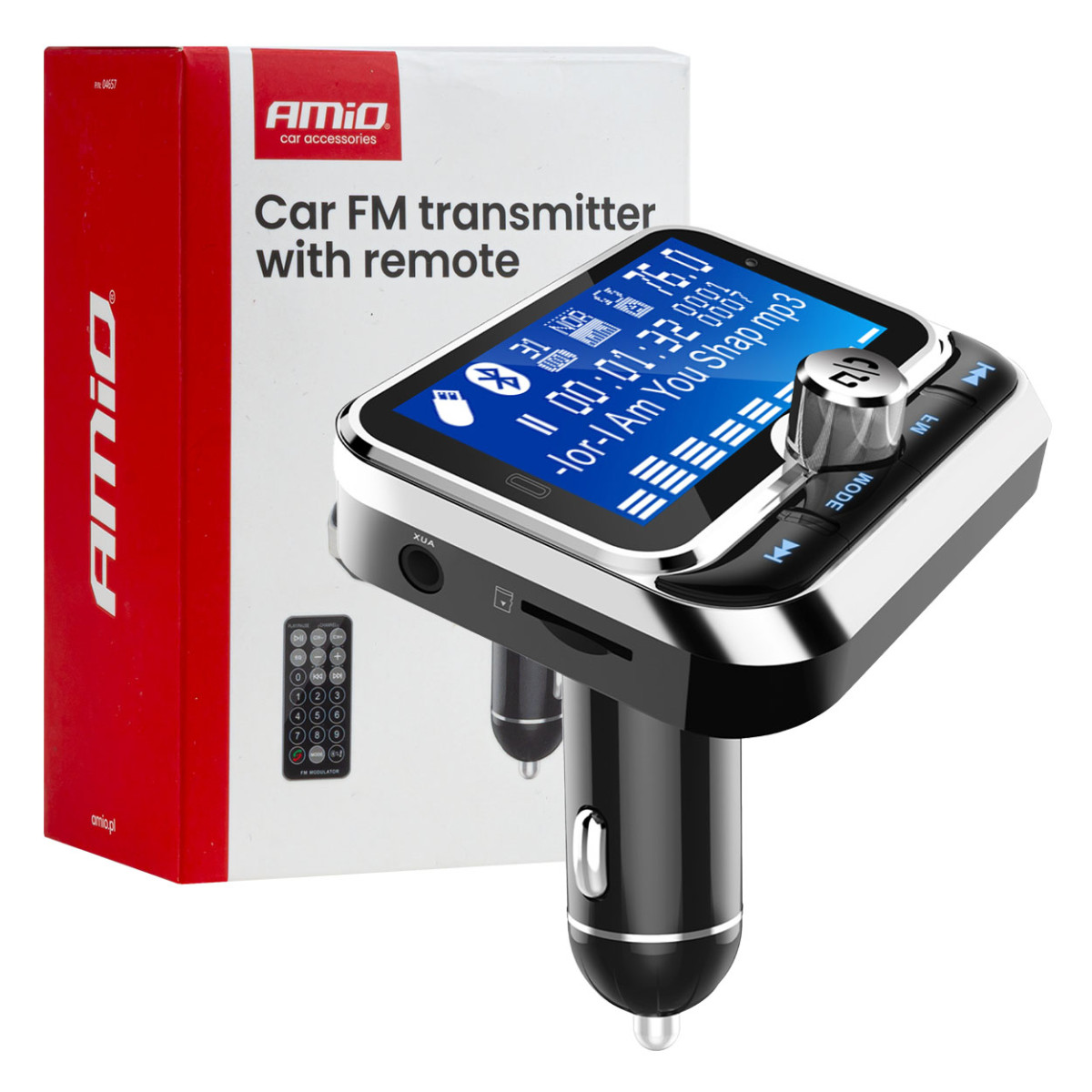 Car FM transmitter with remote control, 2×USB-A 12V 24V AMIO-04657