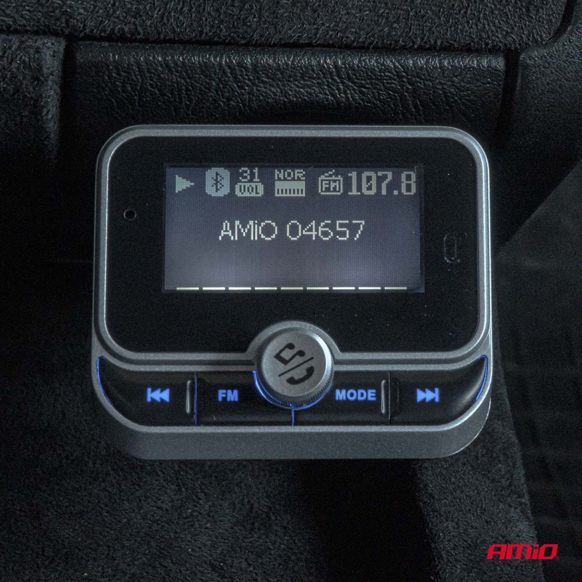 Car FM transmitter with remote control, 2×USB-A 12V 24V AMIO-04657