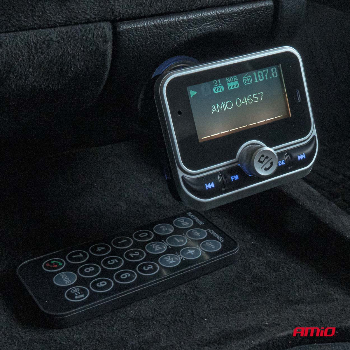 Car FM transmitter with remote control, 2×USB-A 12V 24V AMIO-04657