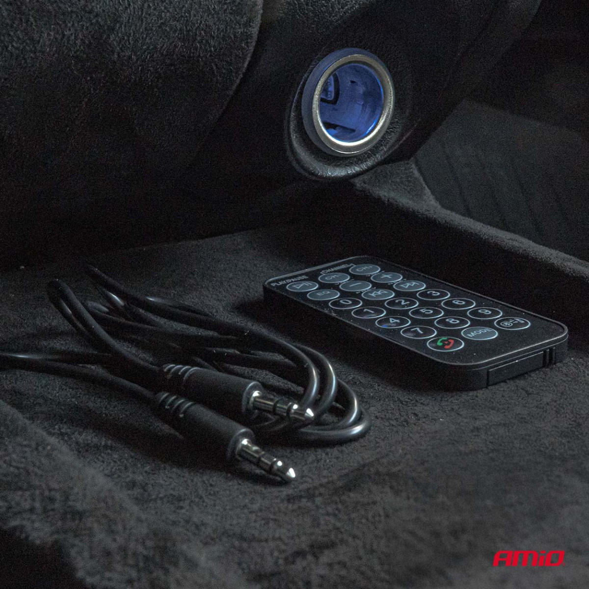 Car FM transmitter with remote control, 2×USB-A 12V 24V AMIO-04657