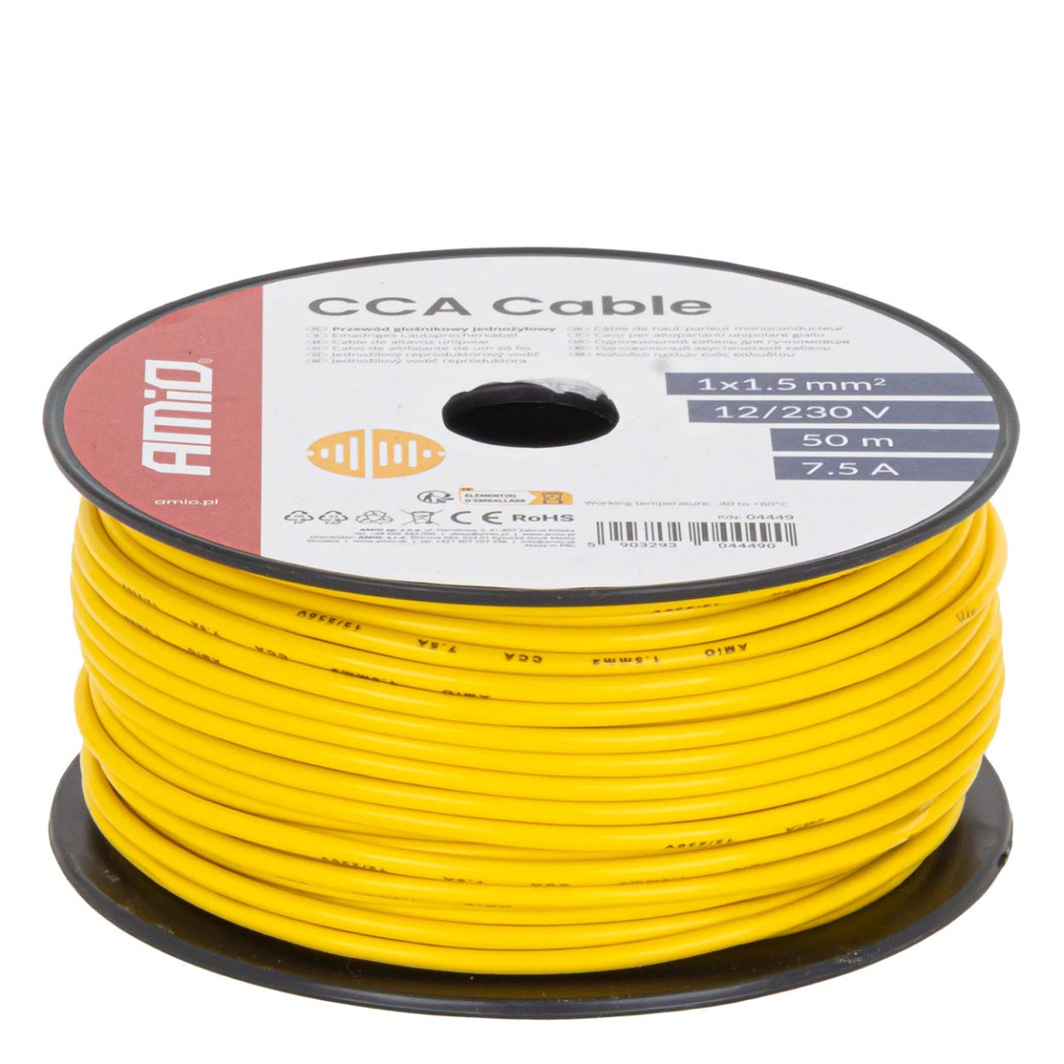 Single core CCA cable, yellow, 1x1.5mm² 50m 7.5A 12/230V AMIO-04449