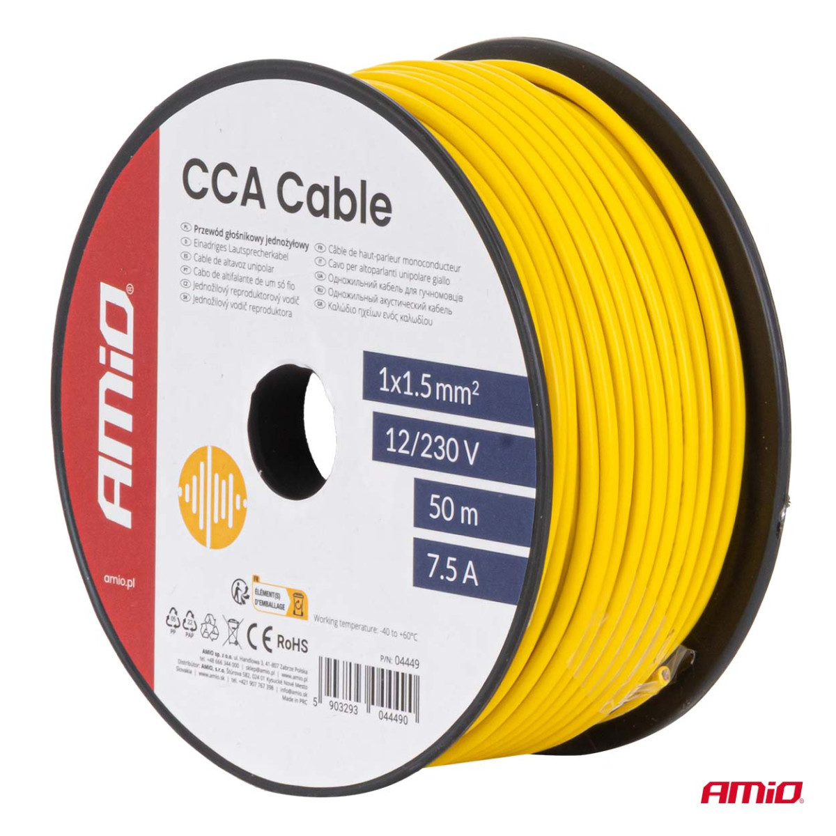 Single core CCA cable, yellow, 1x1.5mm² 50m 7.5A 12/230V AMIO-04449