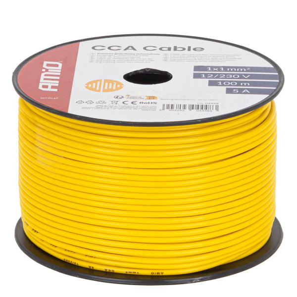 Single core CCA cable, yellow, 1x1mm² 100m 5A 12/230V AMIO-04448