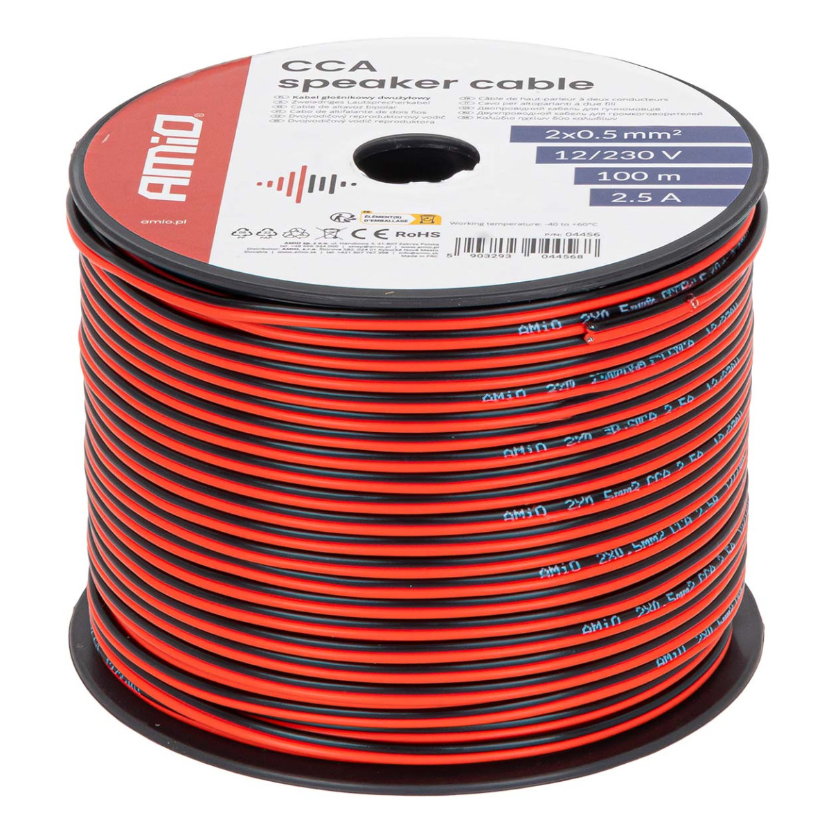 Two-conductor CCA speaker cable 2×0.5 mm², 100 m, 2.5 A AMIO-04456
