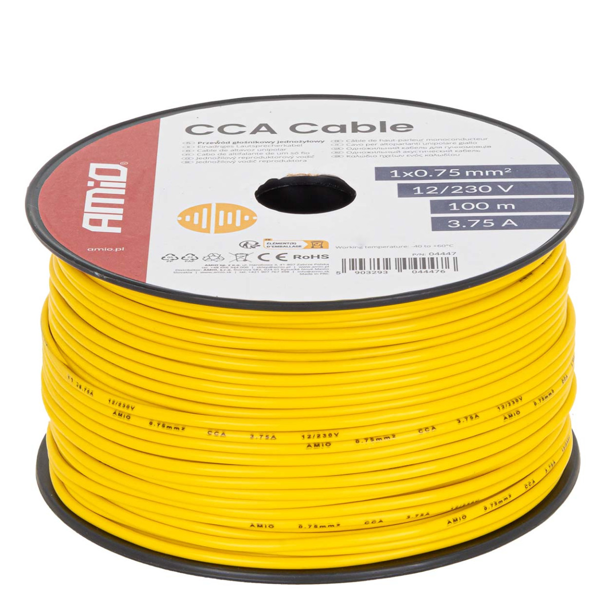 Single core CCA cable, yellow, 1x0.75mm² 100m 3.75A 12/230V AMIO-04447