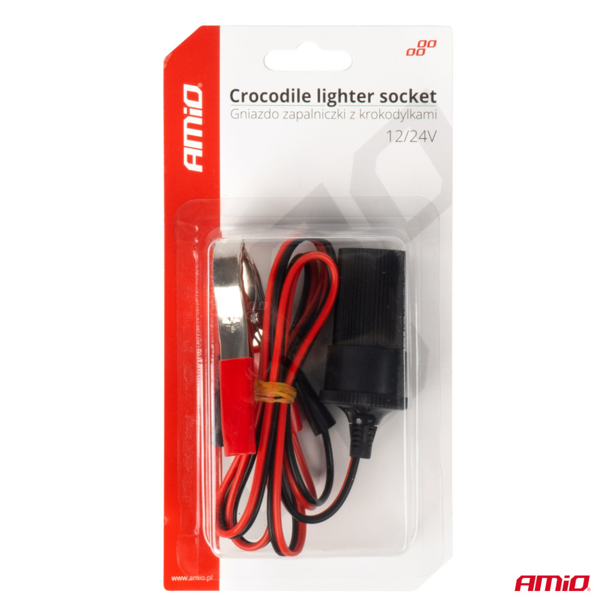 Car power socket adapter with crocodile clips 12/24V 100 cm, AMIO-03804