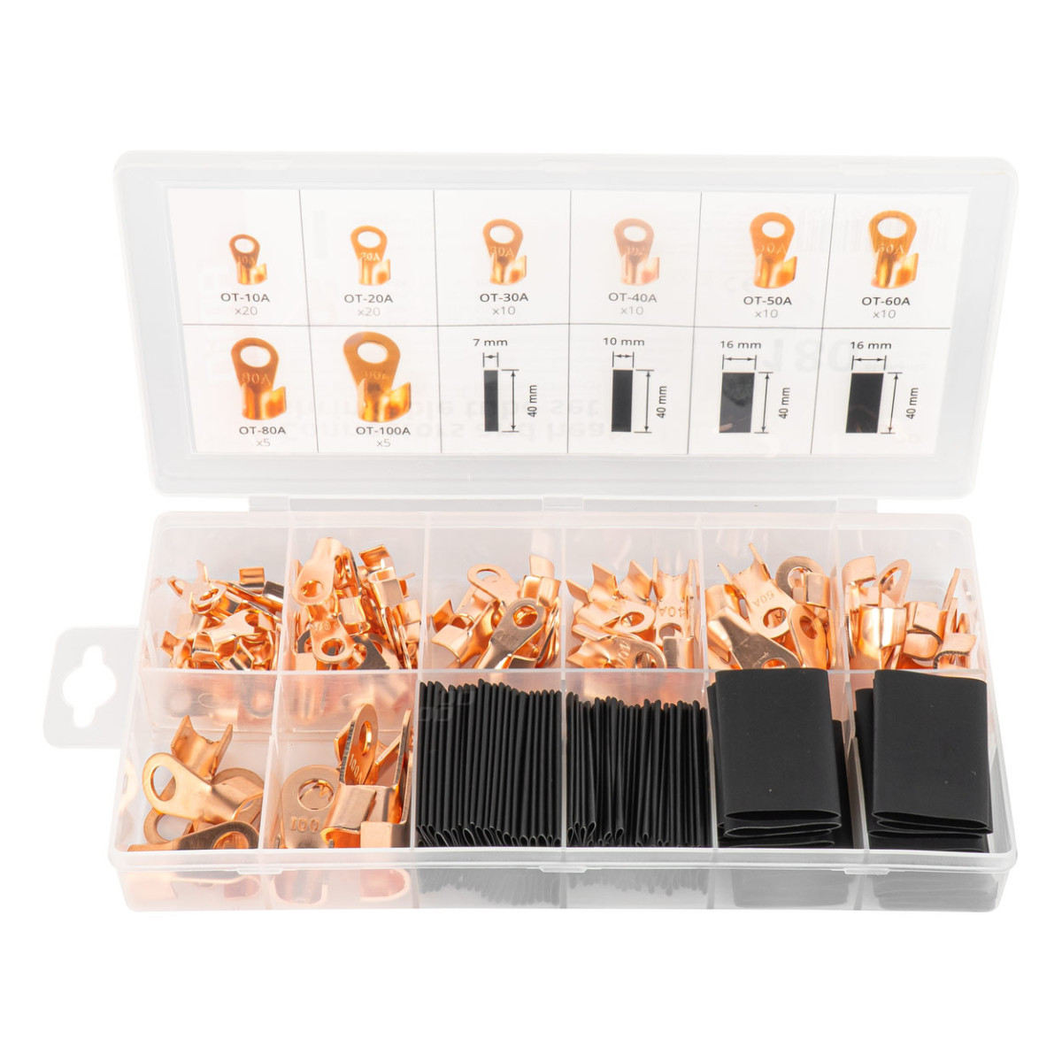 Set of copper ring connectors and heat shrink sleeves, 180 pcs., AMIO-03984