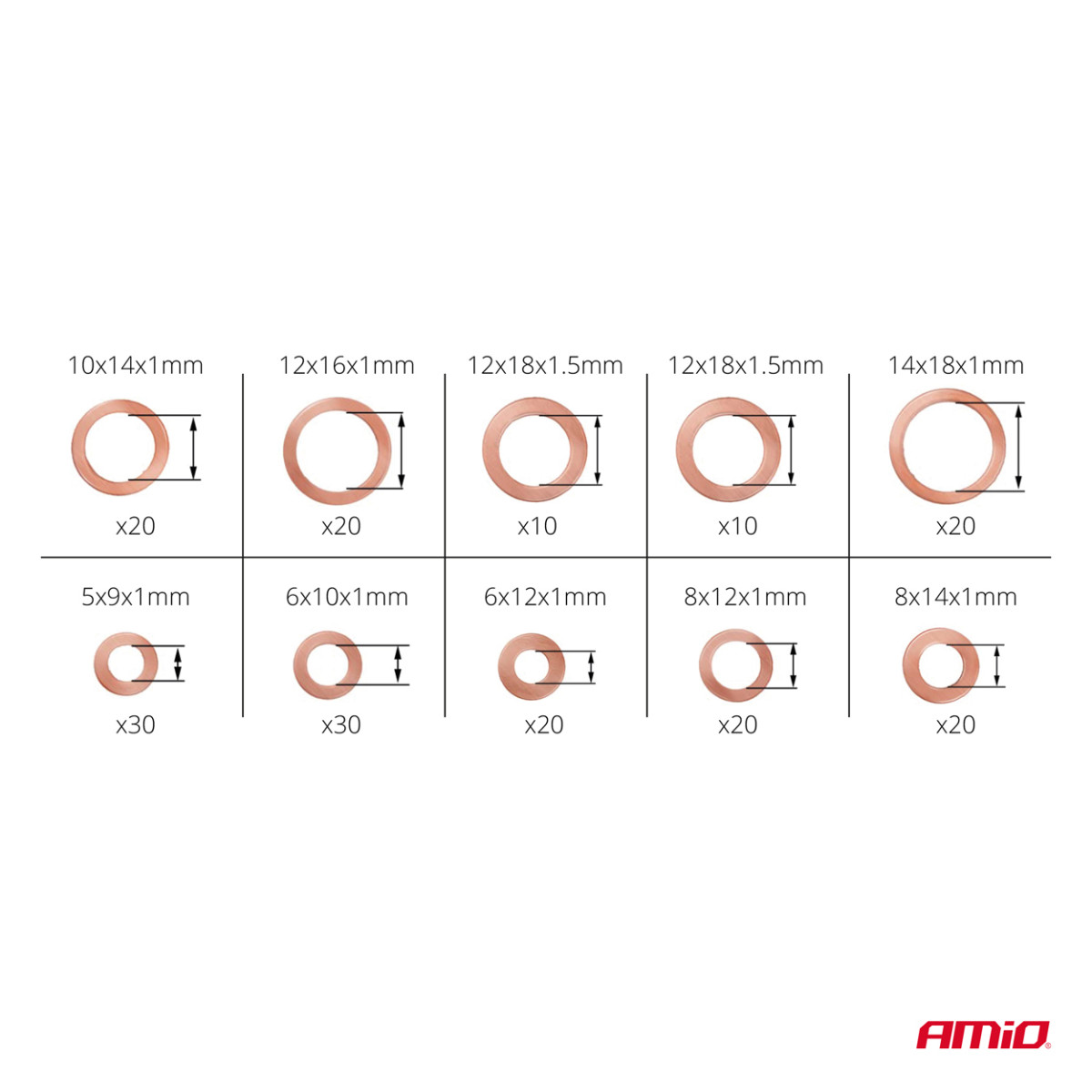 Copper gasket set, 200 pcs. AMIO-03108