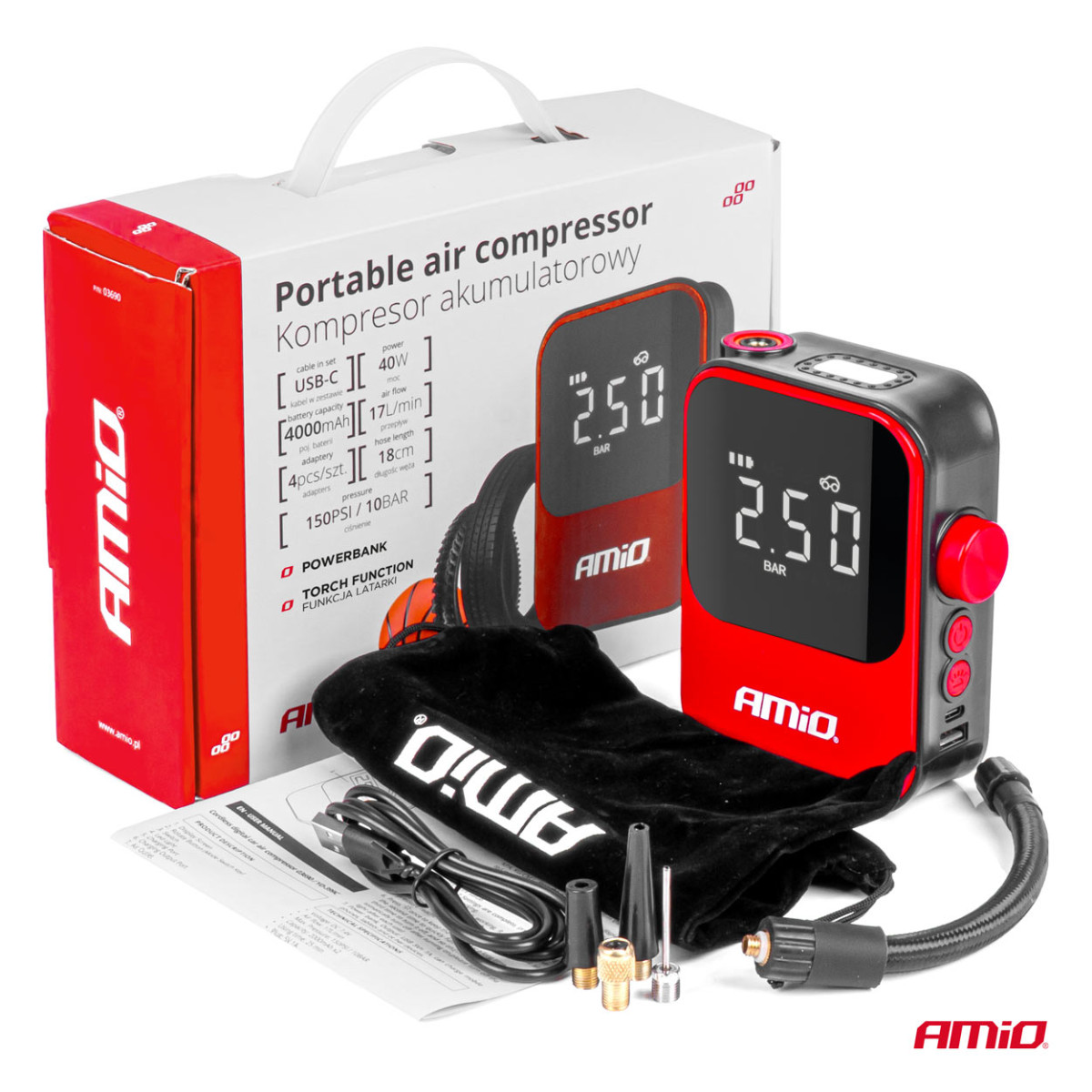 Wireless car compressor 40W with powerbank AMIO-03690