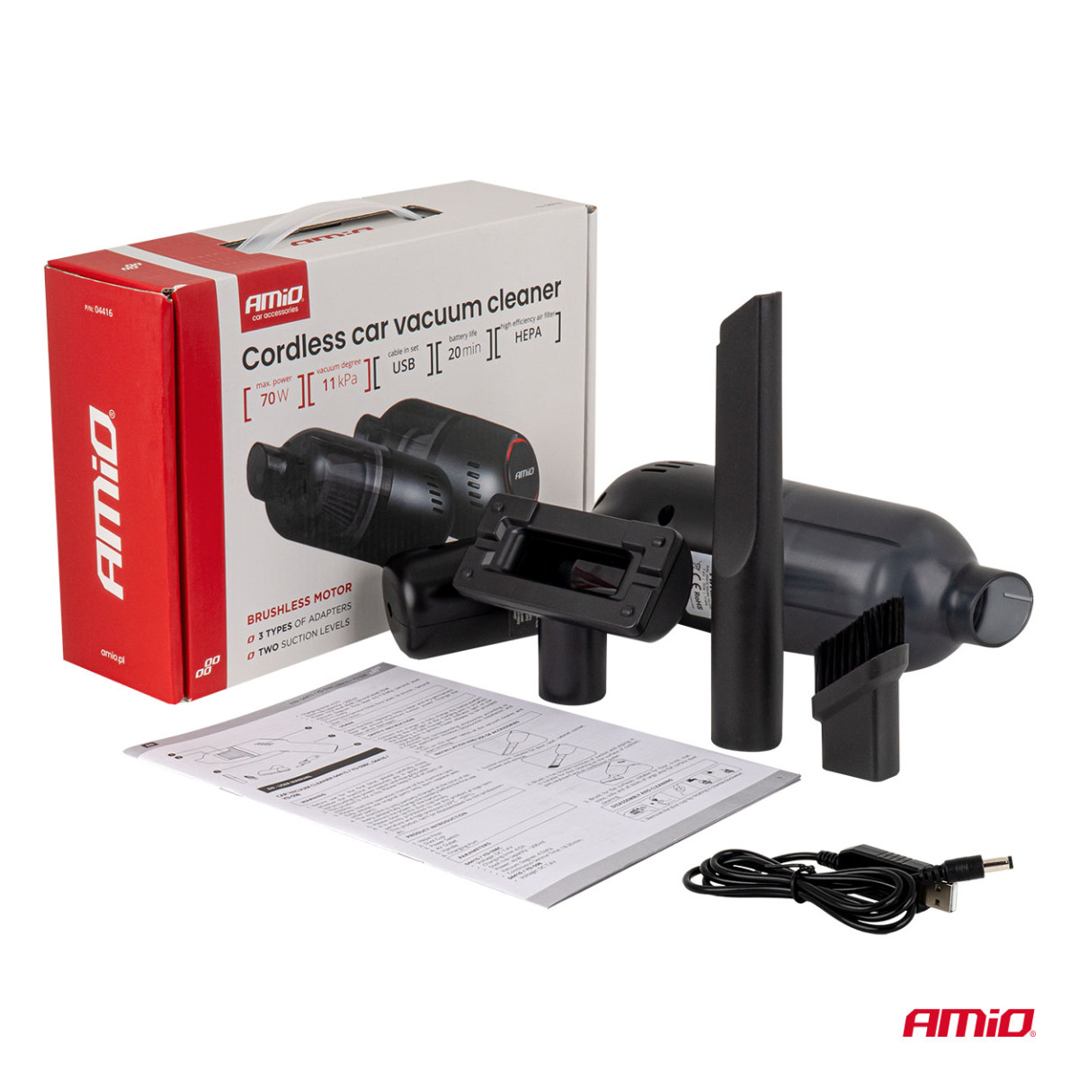 Cordless car vacuum cleaner 70 W, 11 kPa, USB-C, with HEPA filter, VC-08 AMIO-04416