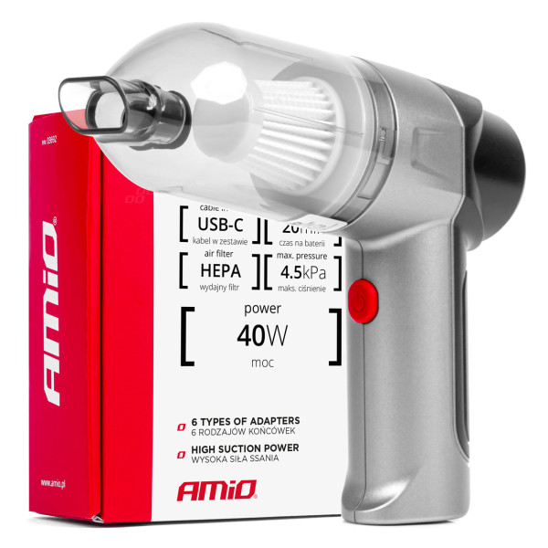 Cordless car vacuum cleaner 40 W, 4000 mAh, with HEPA filter, 4.5 kPa AMiO-03692 Cordless car vacuum cleaner 40 W, 4000 mAh, with HEPA filter, 4.5 kPa AMiO-03692