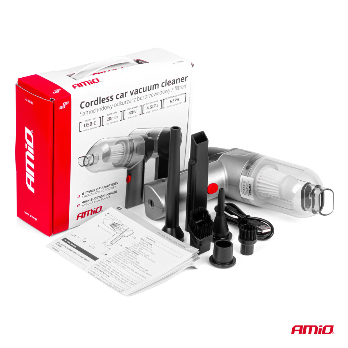 Cordless car vacuum cleaner 40 W, 4000 mAh, with HEPA filter, 4.5 kPa AMiO-03692
