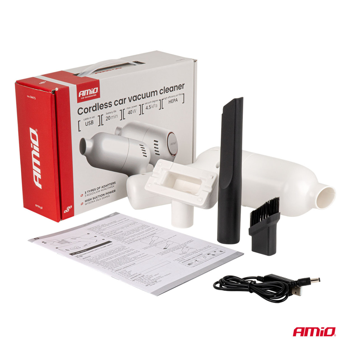 Cordless car vacuum cleaner 40 W, 4.5 kPa, USB-C, with HEPA filter, VC-07 AMIO-04415