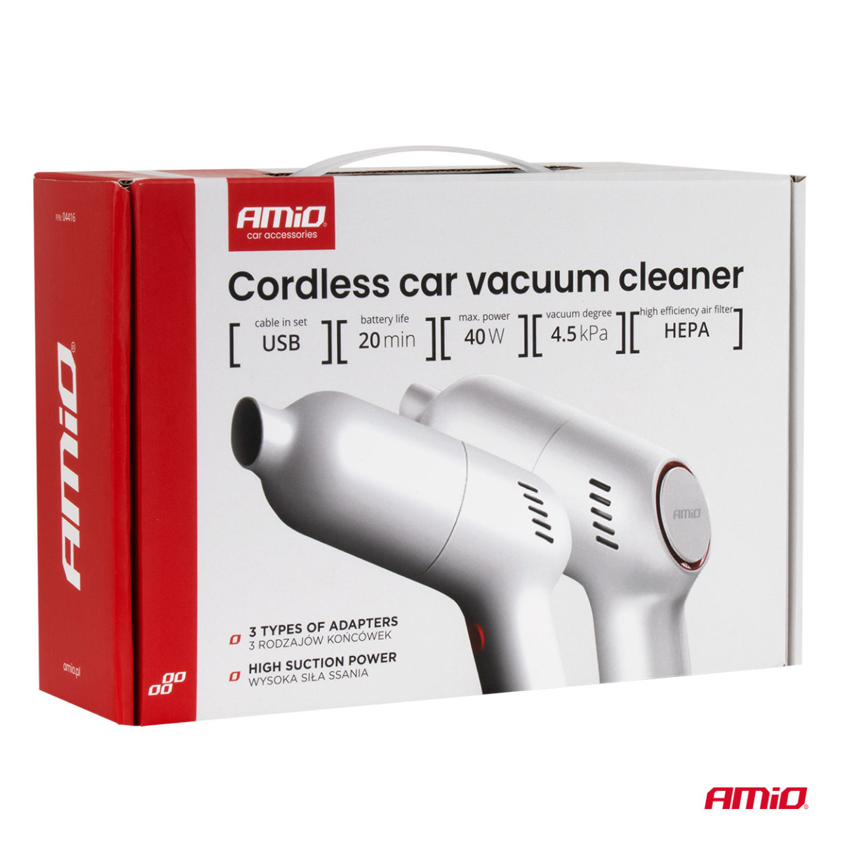 Cordless car vacuum cleaner 40 W, 4.5 kPa, USB-C, with HEPA filter, VC-07 AMIO-04415
