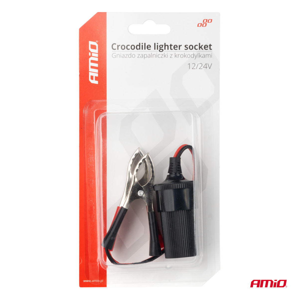 Cigarette lighter adapter 12V/24V, crocodile type, 15 cm AMIO-03803