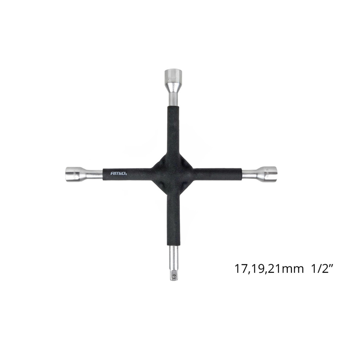 Cross-shaped wheel wrench 17–19–21 mm, 1/2", rubberized, AMIO-02402