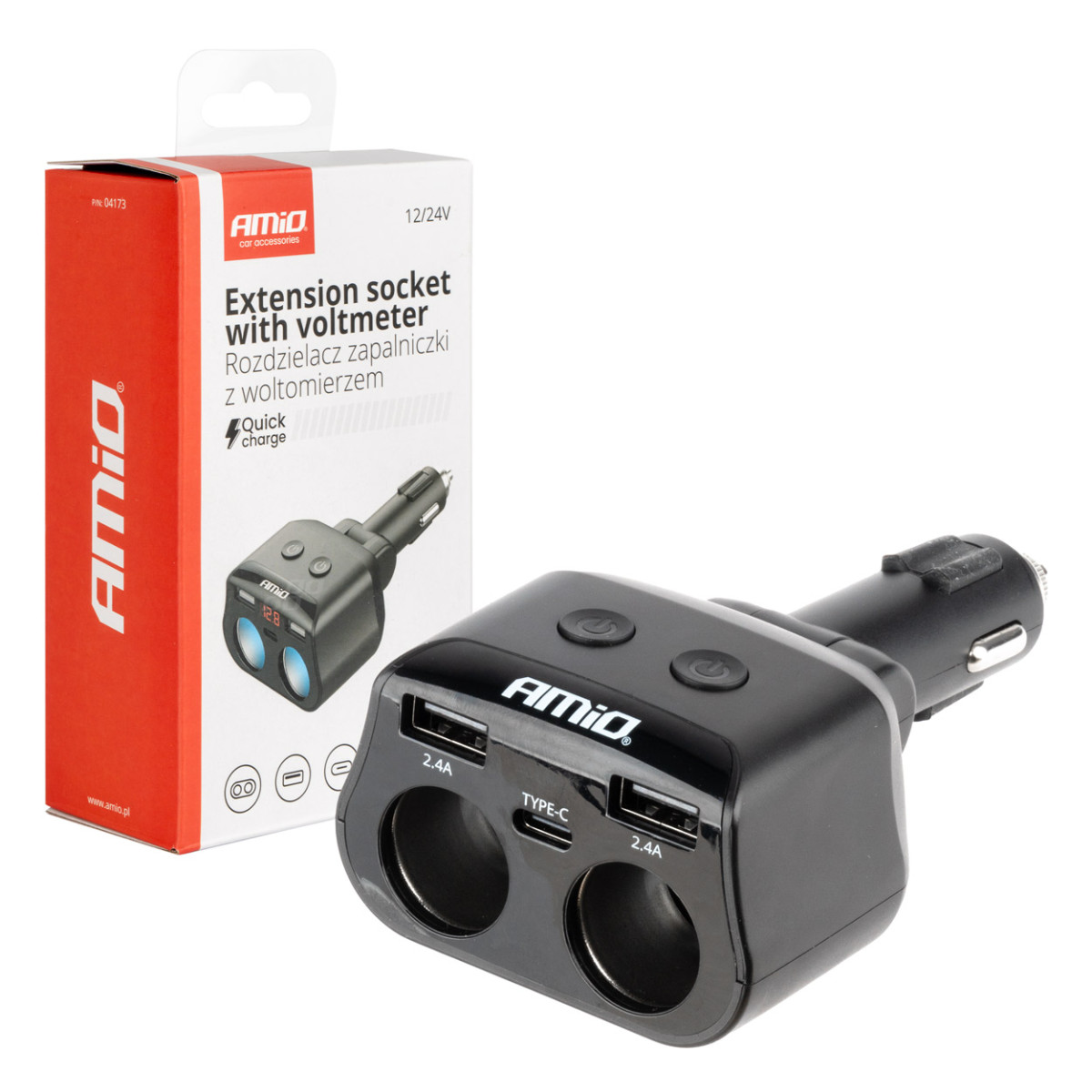 Double car power socket 2x USB + 1x USB-C 12/24V, max 200W, AMIO-04173