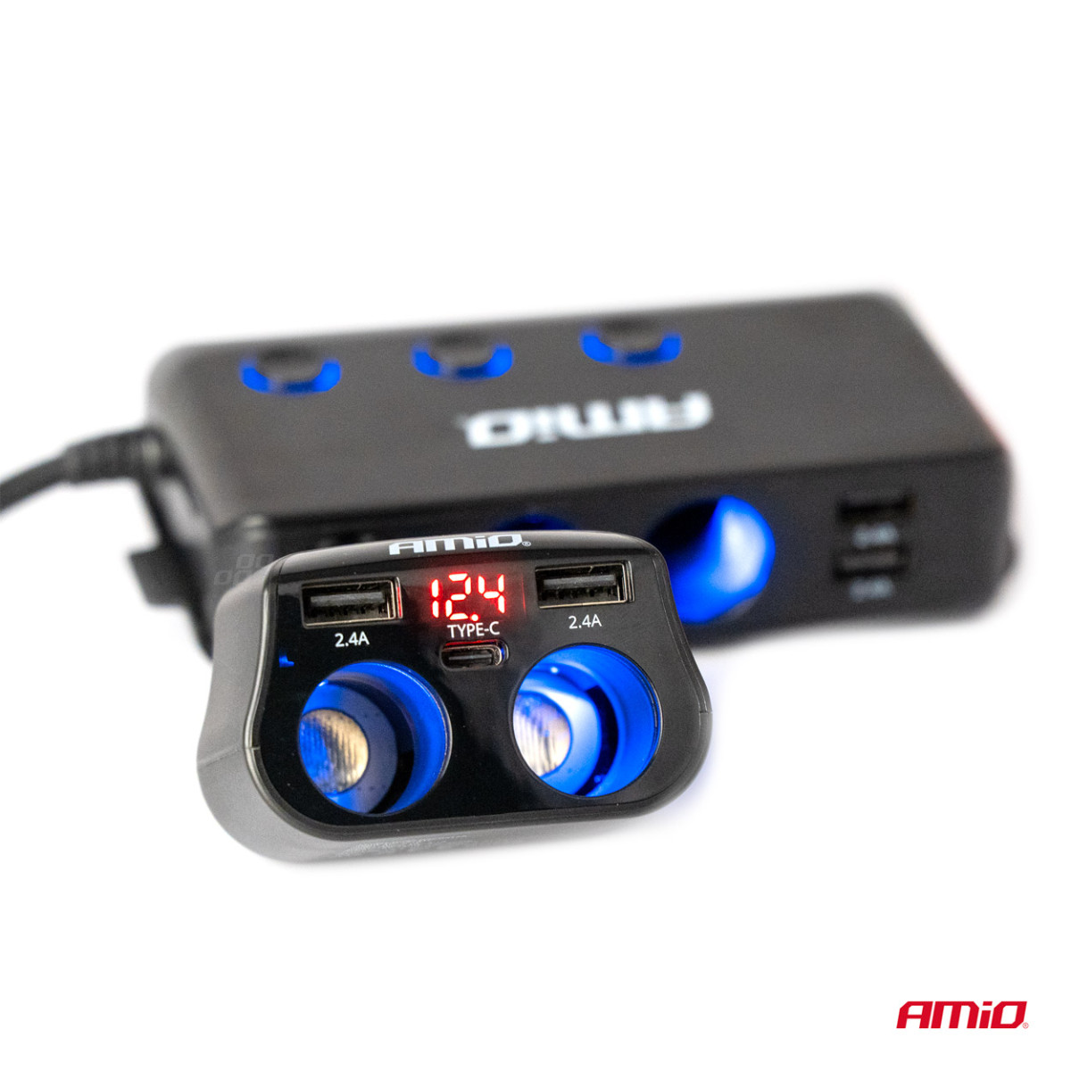 Double car power socket 2x USB + 1x USB-C 12/24V, max 200W, AMIO-04173