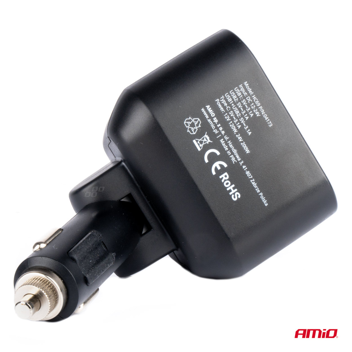 Double car power socket 2x USB + 1x USB-C 12/24V, max 200W, AMIO-04173