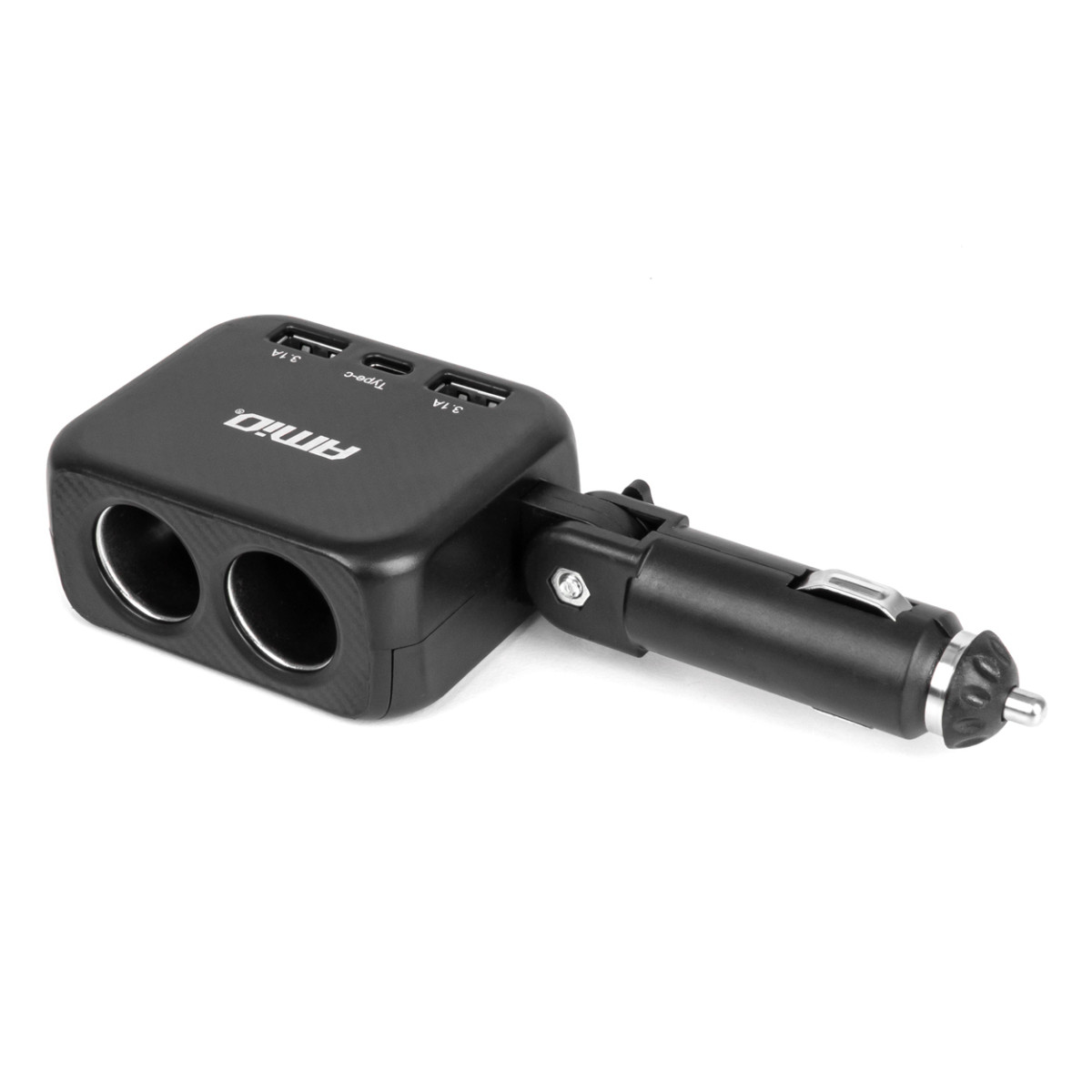 Two-socket cigarette lighter extension with charger 2×USB-A + USB-C 12/24V 100W 180° AMIO-04357