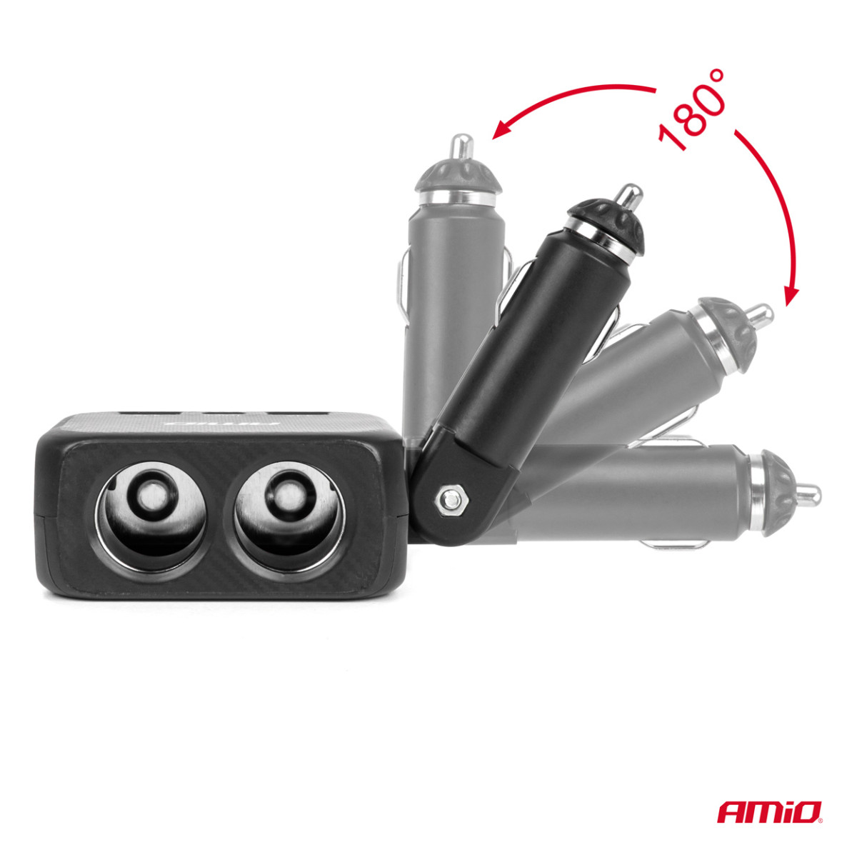 Two-socket cigarette lighter extension with charger 2×USB-A + USB-C 12/24V 100W 180° AMIO-04357