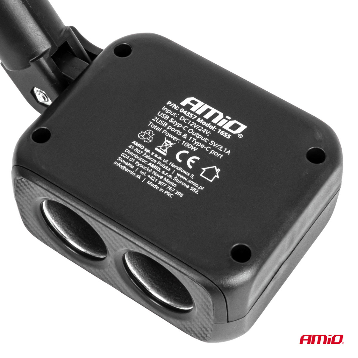 Two-socket cigarette lighter extension with charger 2×USB-A + USB-C 12/24V 100W 180° AMIO-04357