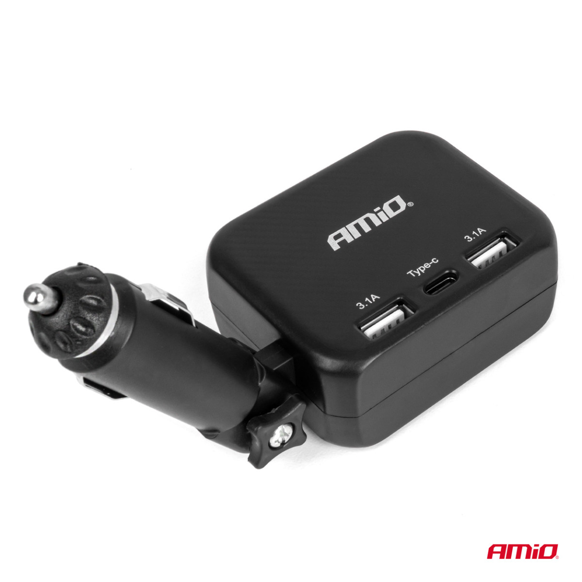 Two-socket cigarette lighter extension with charger 2×USB-A + USB-C 12/24V 100W 180° AMIO-04357