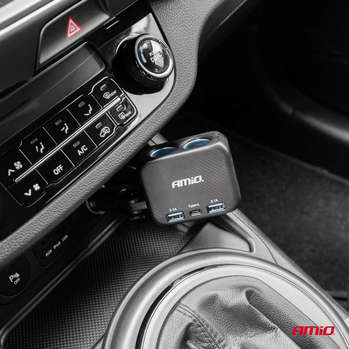 Two-socket cigarette lighter extension with charger 2×USB-A + USB-C 12/24V 100W 180° AMIO-04357