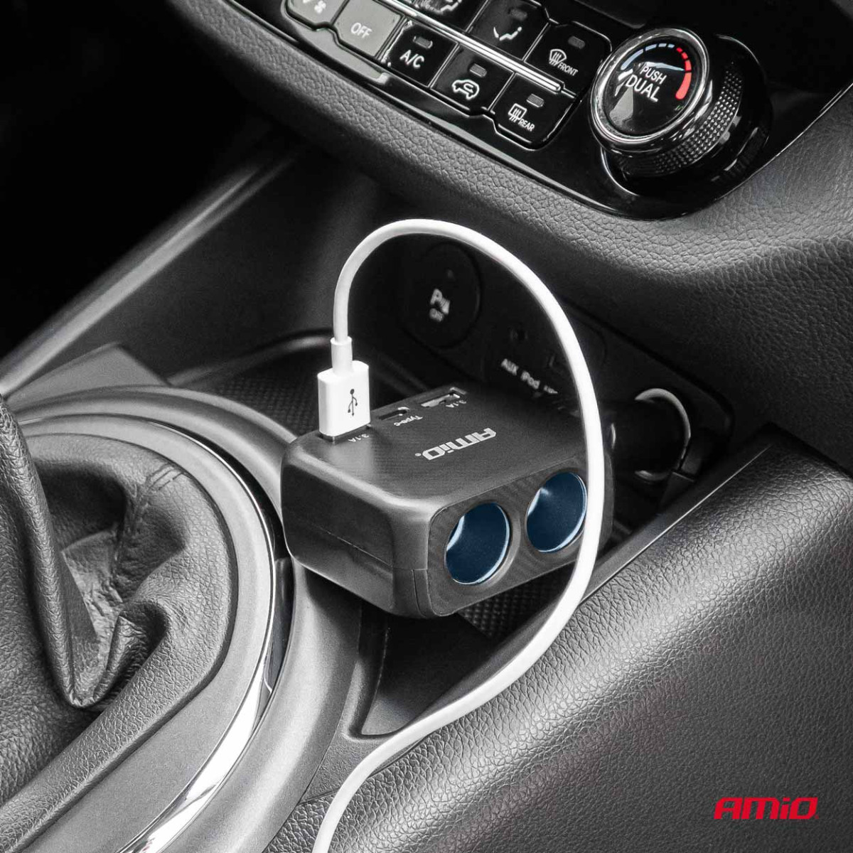 Two-socket cigarette lighter extension with charger 2×USB-A + USB-C 12/24V 100W 180° AMIO-04357