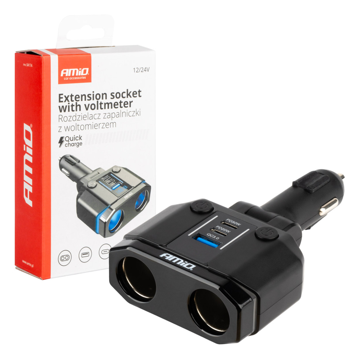 Dual car power socket PD30W PD20W QC3.0 12/24V, max 200W, AMIO-04174