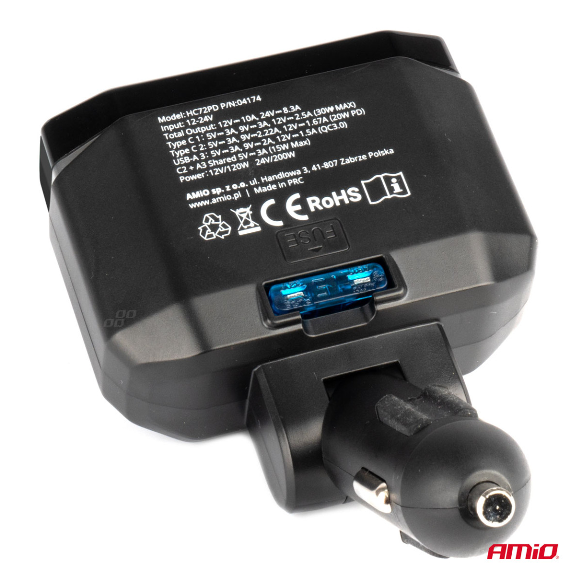 Dual car power socket PD30W PD20W QC3.0 12/24V, max 200W, AMIO-04174