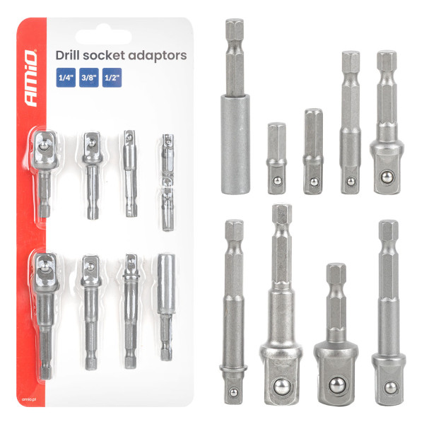 Socket adapter set for screwdriver, 1/4" HEX, 1/4" / 3/8" / 1/2", 9 pcs., AMIO-04931 Socket adapter set for screwdriver, 1/4" HEX, 1/4" / 3/8" / 1/2", 9 pcs., AMIO-04931