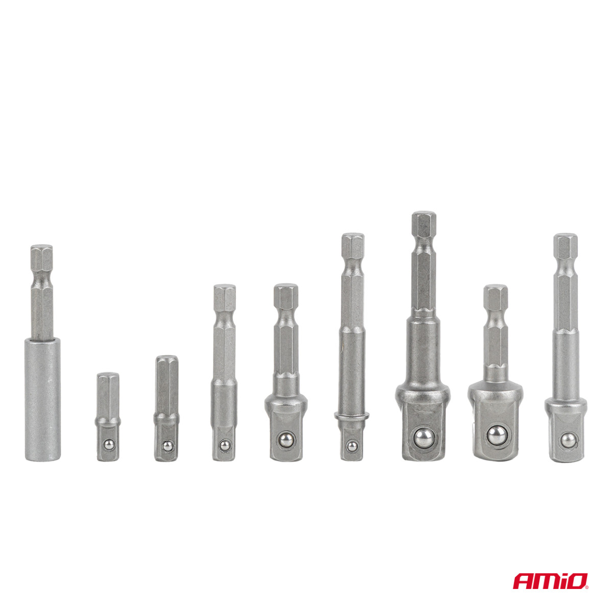 Socket adapter set for screwdriver, 1/4" HEX, 1/4" / 3/8" / 1/2", 9 pcs., AMIO-04931