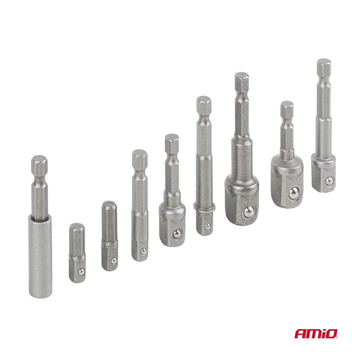 Socket adapter set for screwdriver, 1/4" HEX, 1/4" / 3/8" / 1/2", 9 pcs., AMIO-04931