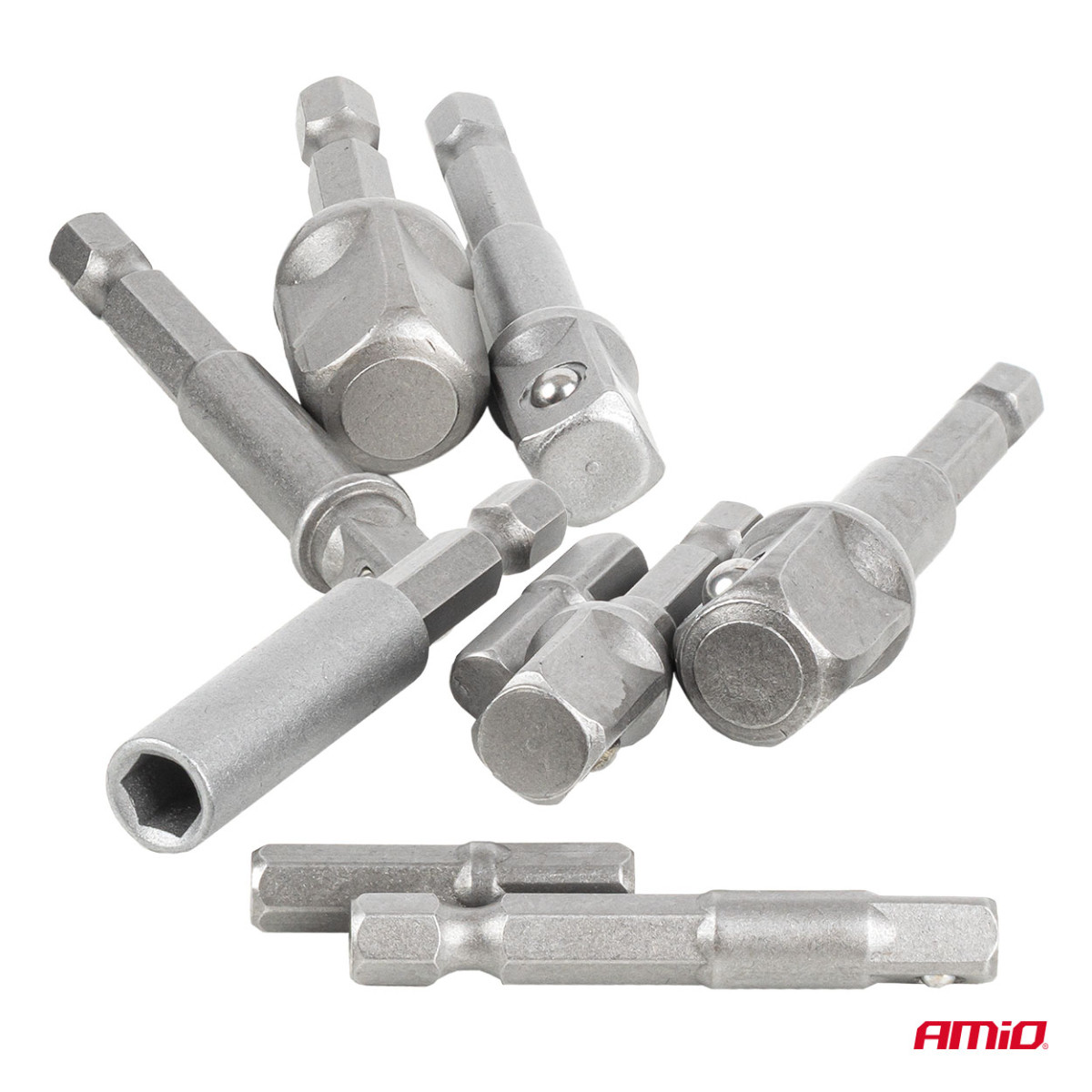 Socket adapter set for screwdriver, 1/4" HEX, 1/4" / 3/8" / 1/2", 9 pcs., AMIO-04931