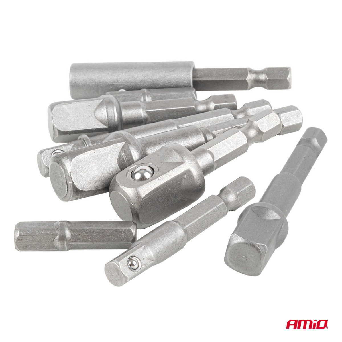 Socket adapter set for screwdriver, 1/4" HEX, 1/4" / 3/8" / 1/2", 9 pcs., AMIO-04931