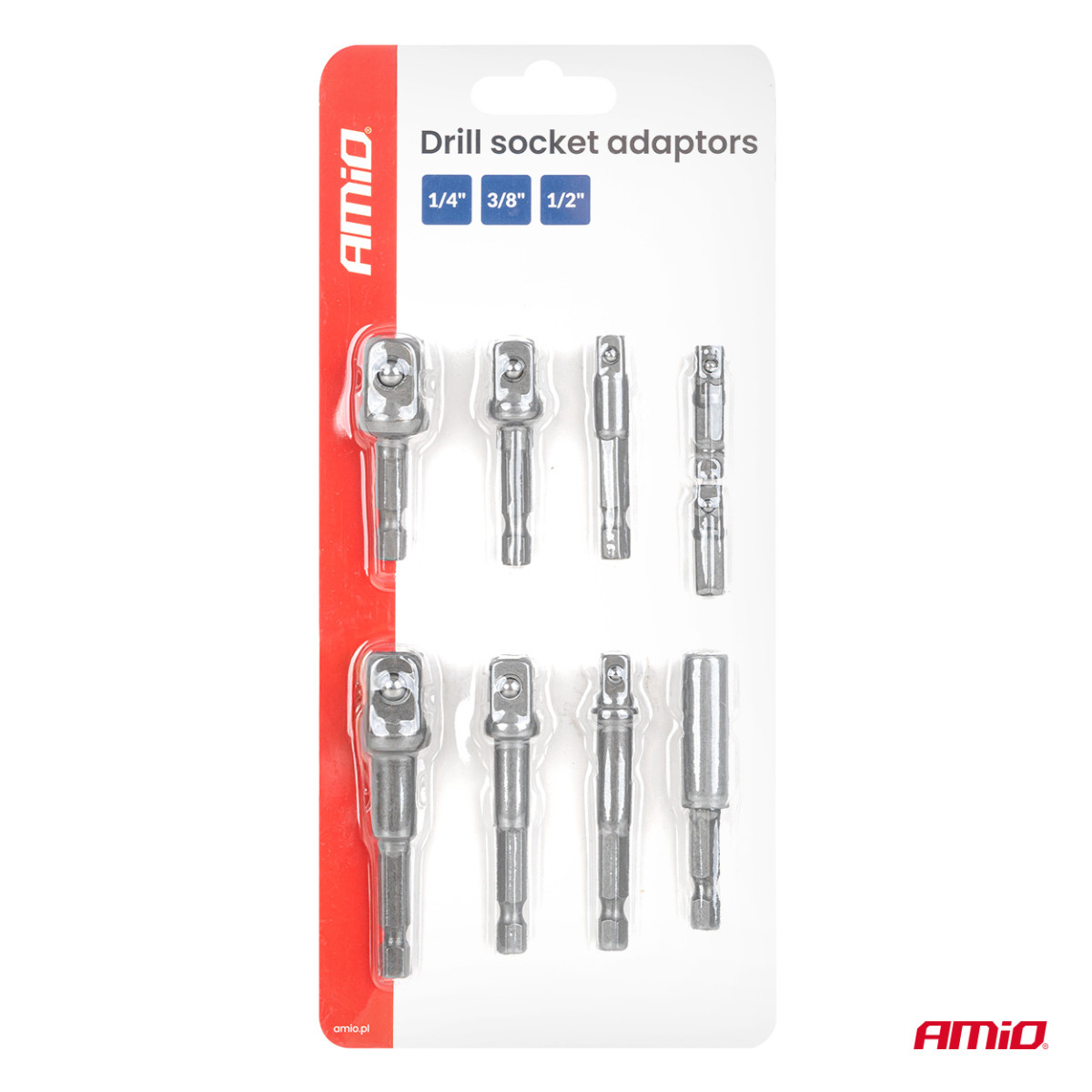 Socket adapter set for screwdriver, 1/4" HEX, 1/4" / 3/8" / 1/2", 9 pcs., AMIO-04931