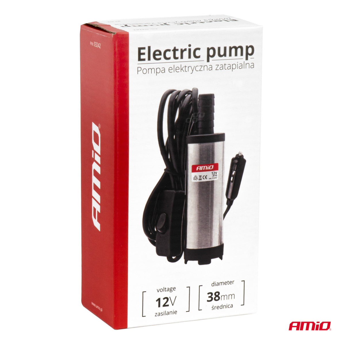 Submersible electric diesel fuel suction pump 38mm 12V with car ignition socket adapter AMIO-03242