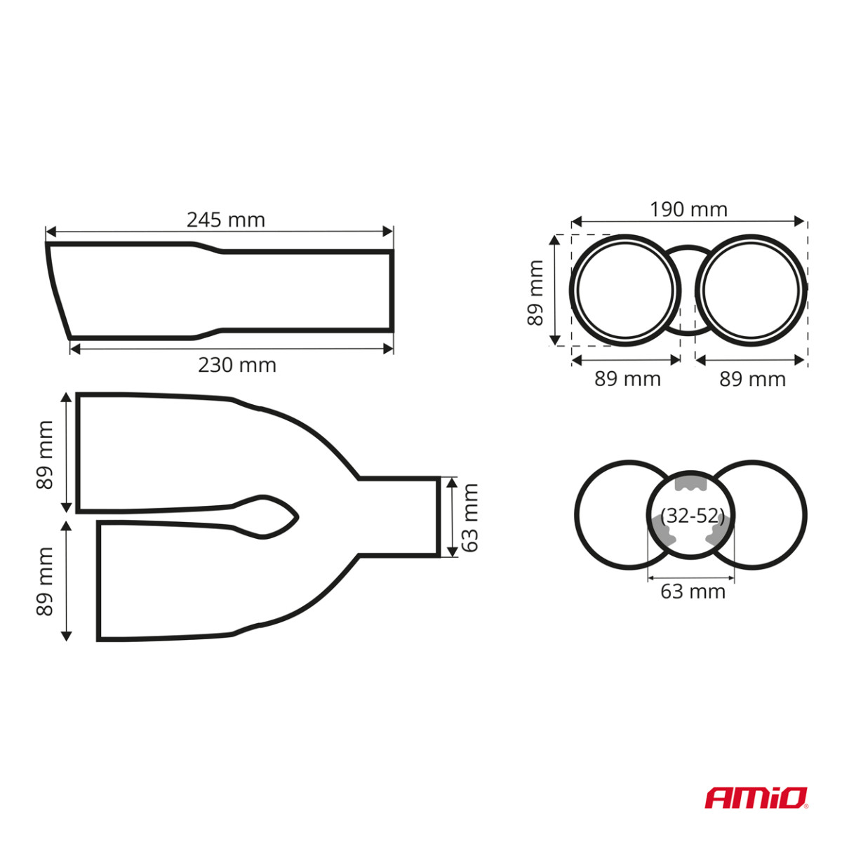 Muffler tip 32-52 mm, stainless steel, carbon, double, right, AMiO‑04070