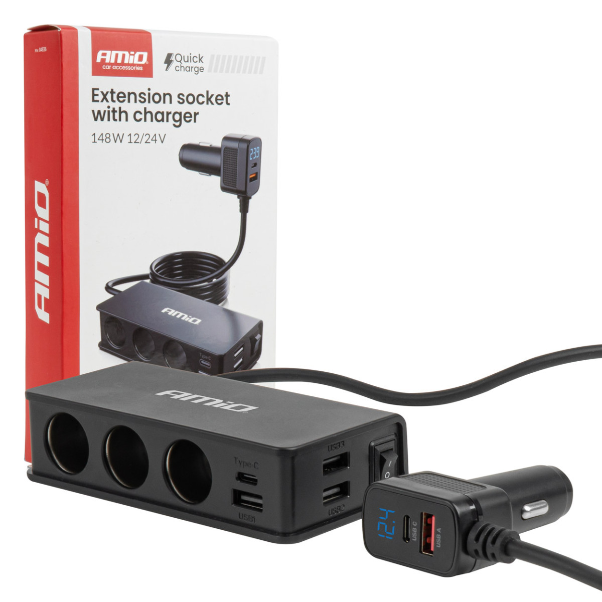 Socket splitter 12/24V with 3x USB-A, USB-C, QC3.0, PD3.0 148W AMIO-04836