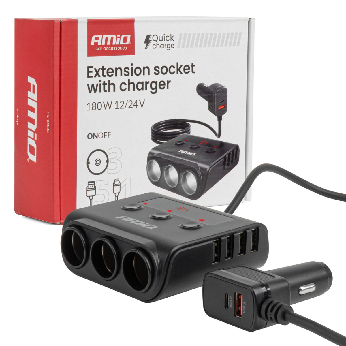 Socket splitter 12/24V with 4x USB-A QC3.0 PD3.0 180W AMIO-04835