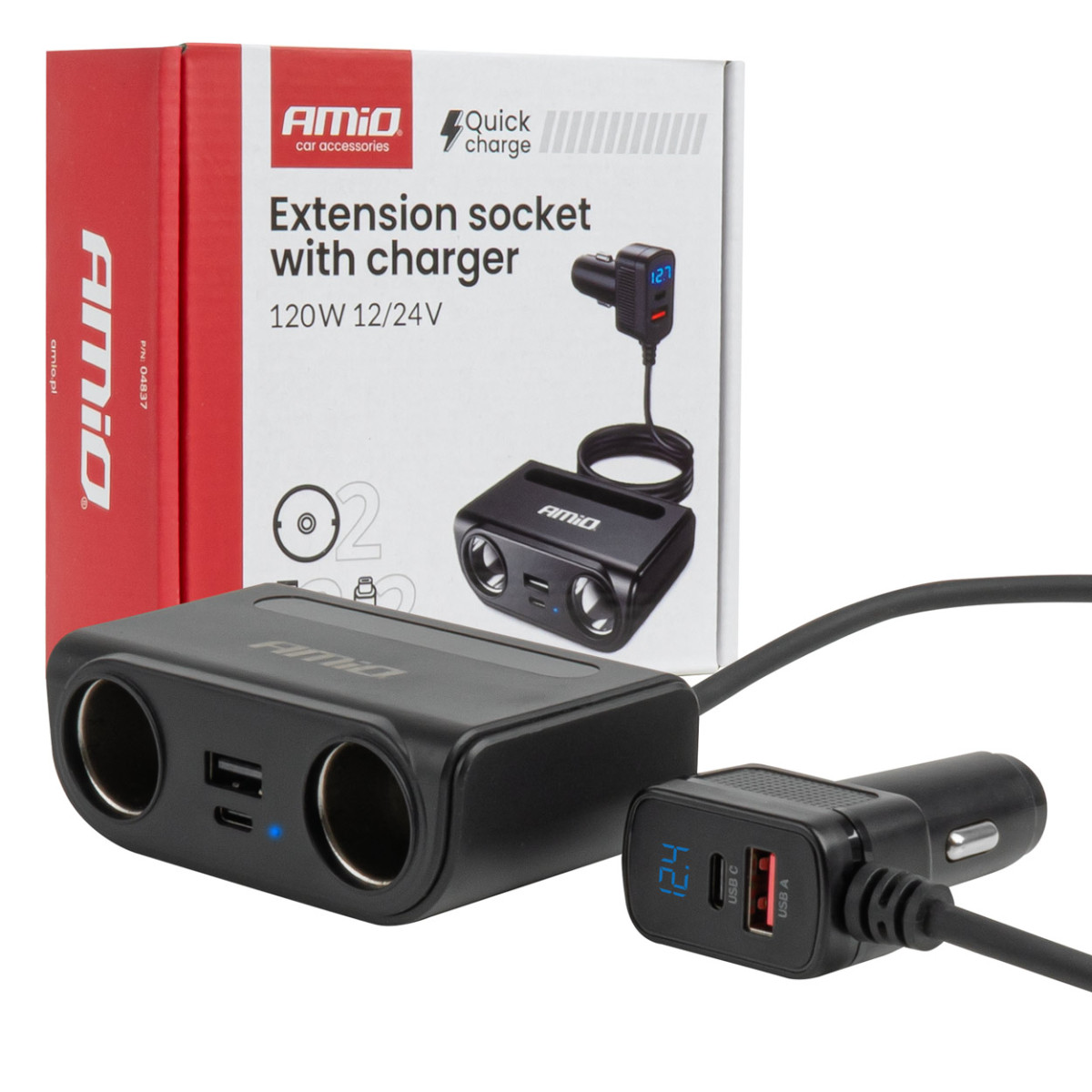 Socket splitter 12/24V with USB-C USB-A QC3.0 PD3.0 120W AMIO-04837