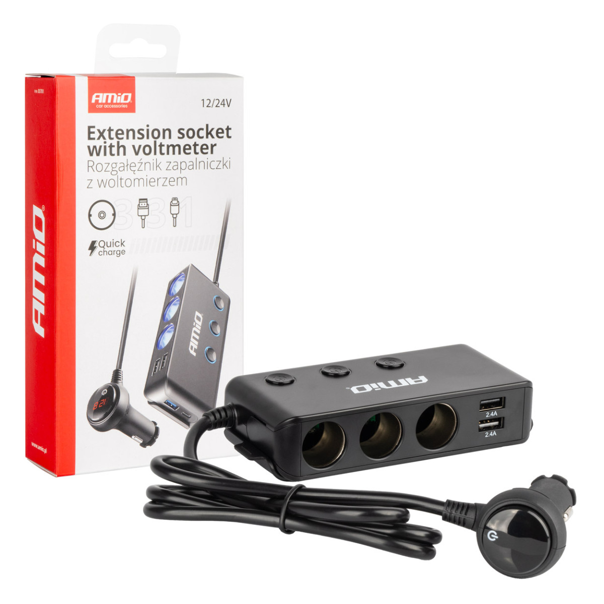 Extension socket with voltmeter, USB and USB-C 12-24 V, AMIO-03781