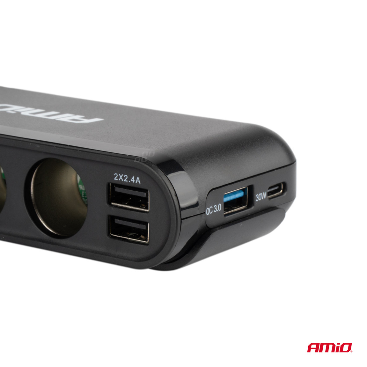 Extension socket with voltmeter, USB and USB-C 12-24 V, AMIO-03782