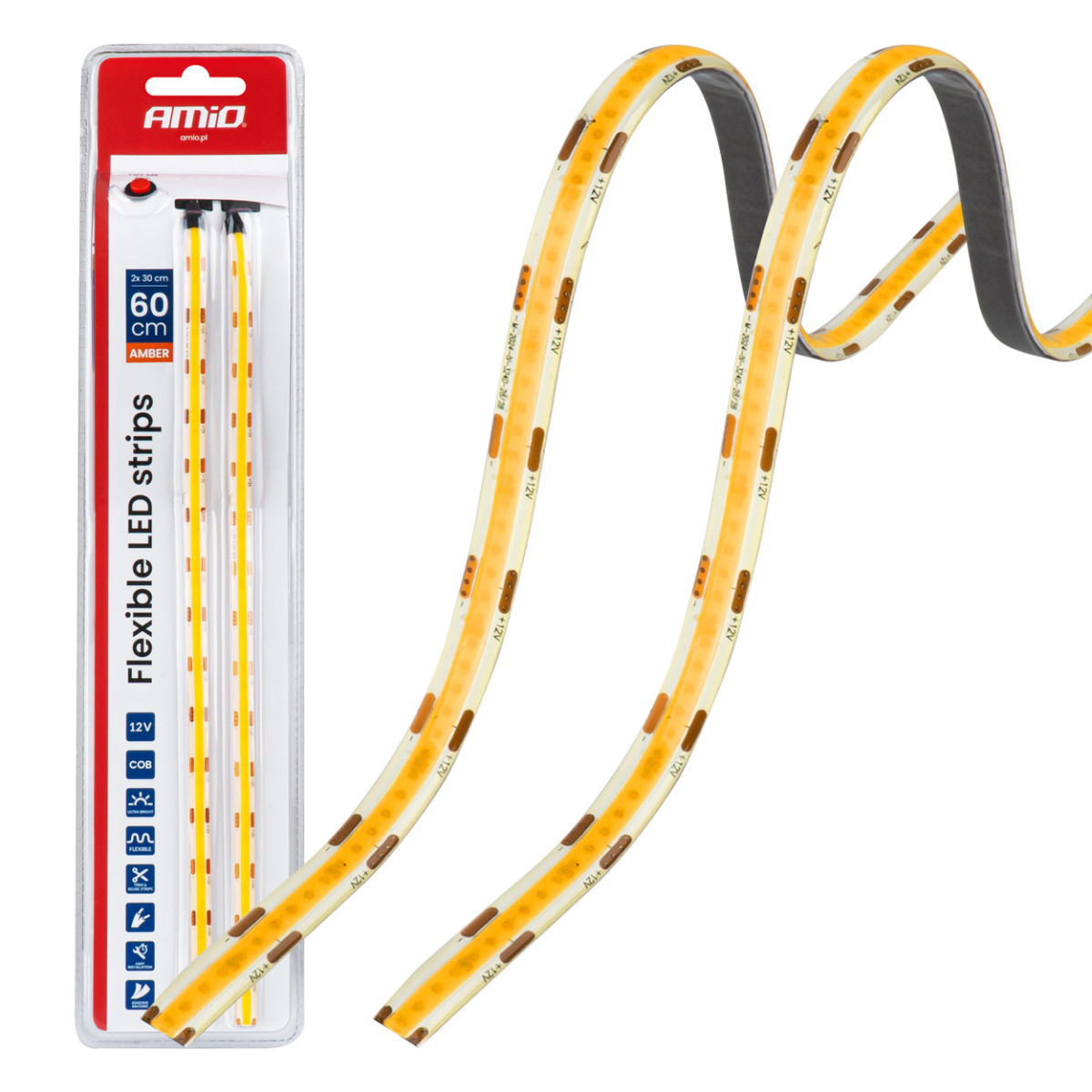 Flexible COB LED strips 2x30 cm 12V, amber