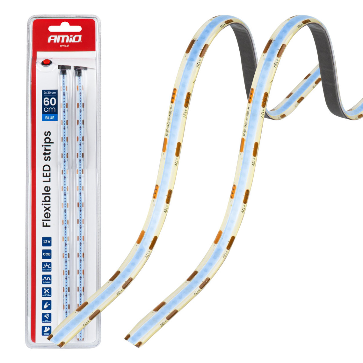 Flexible COB LED strips 2x30 cm 12V, blue