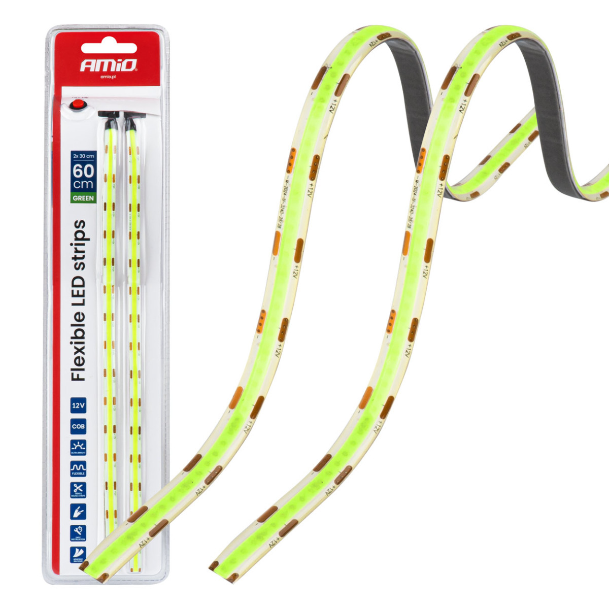 Flexible COB LED strips 2x30 cm 12V, green